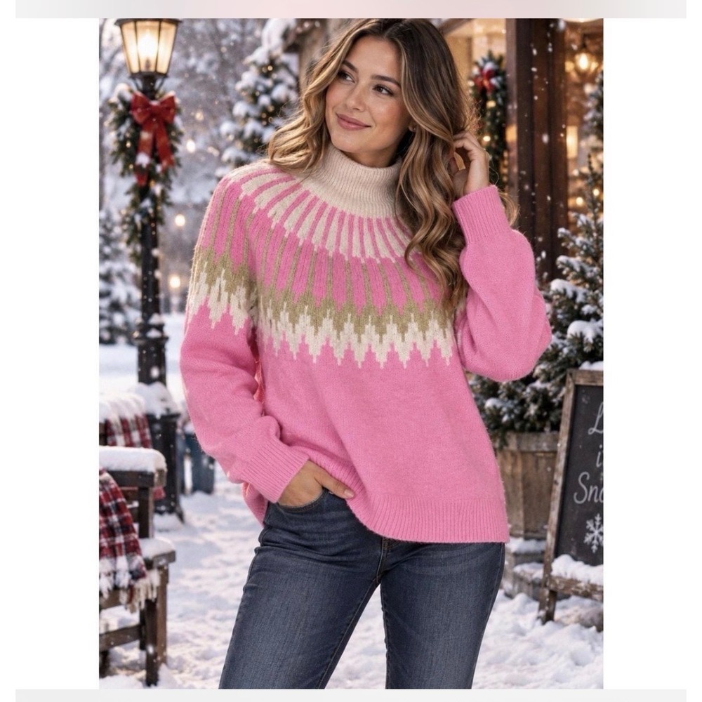 J.Crew Pink Supersoft Fair Isle Mockneck Merino Alpaca Wool Sweater size Small